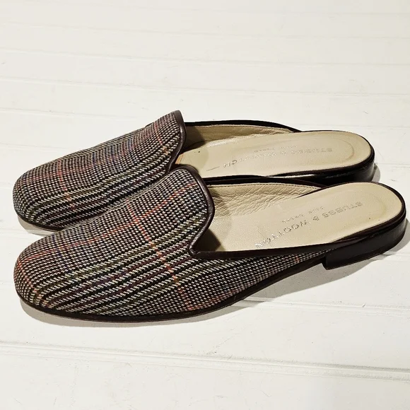 Stubbs & Wootton Plaid Gingham Straw Mule Flats - Picture 2 of 9